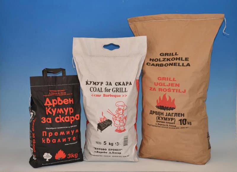 Retail charcoal bags labelled in Macedonian, English and German