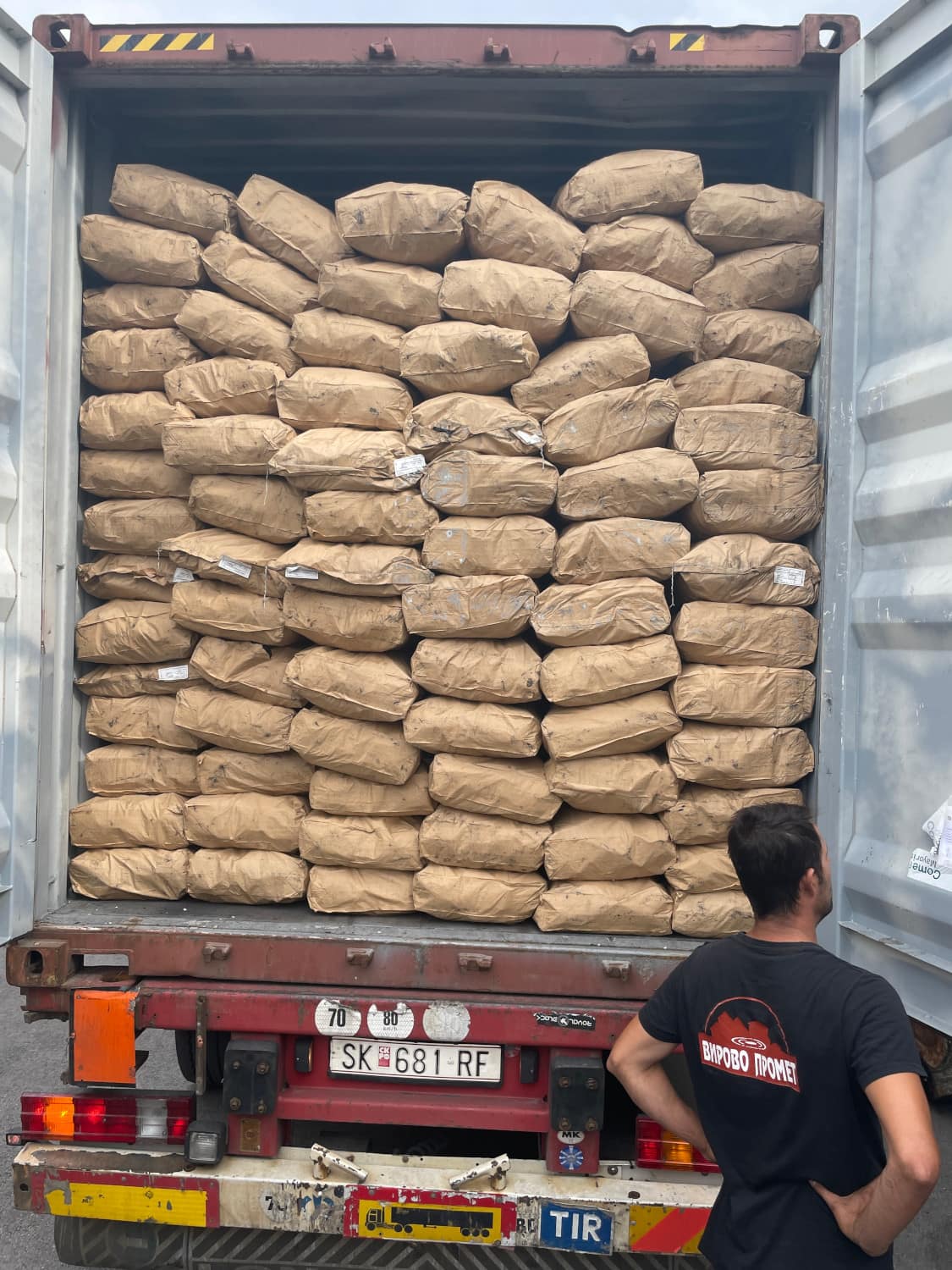 Shipping container packed with charcoal for export